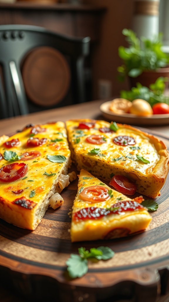A slice of onion and herb frittata on a wooden plate, garnished with herbs, in a cozy kitchen.